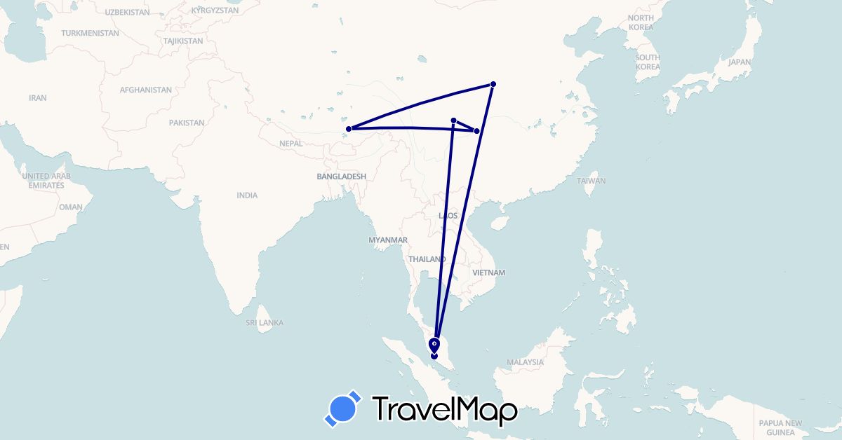 TravelMap itinerary: driving in China, Malaysia (Asia)